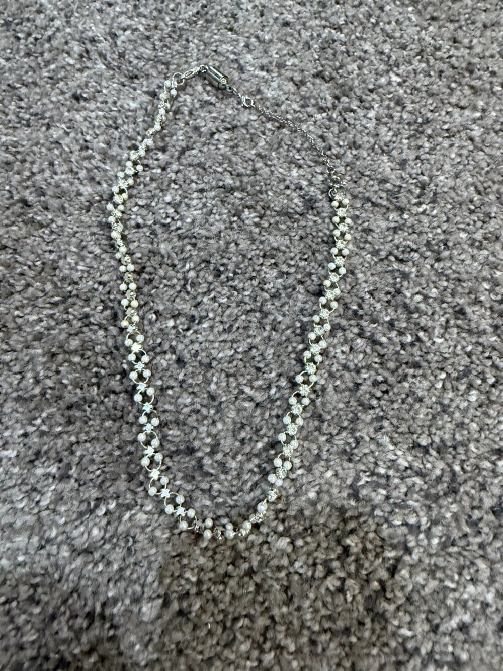 Silver-Tone Fancy Link Faux Pearl Rhinestone Necklace 9" Vintage Style Magnetic